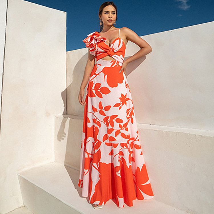 One-Shoulder Ruffle Cut-Out Printed One-Piece Swimsuit with Skirt for Women eprolo