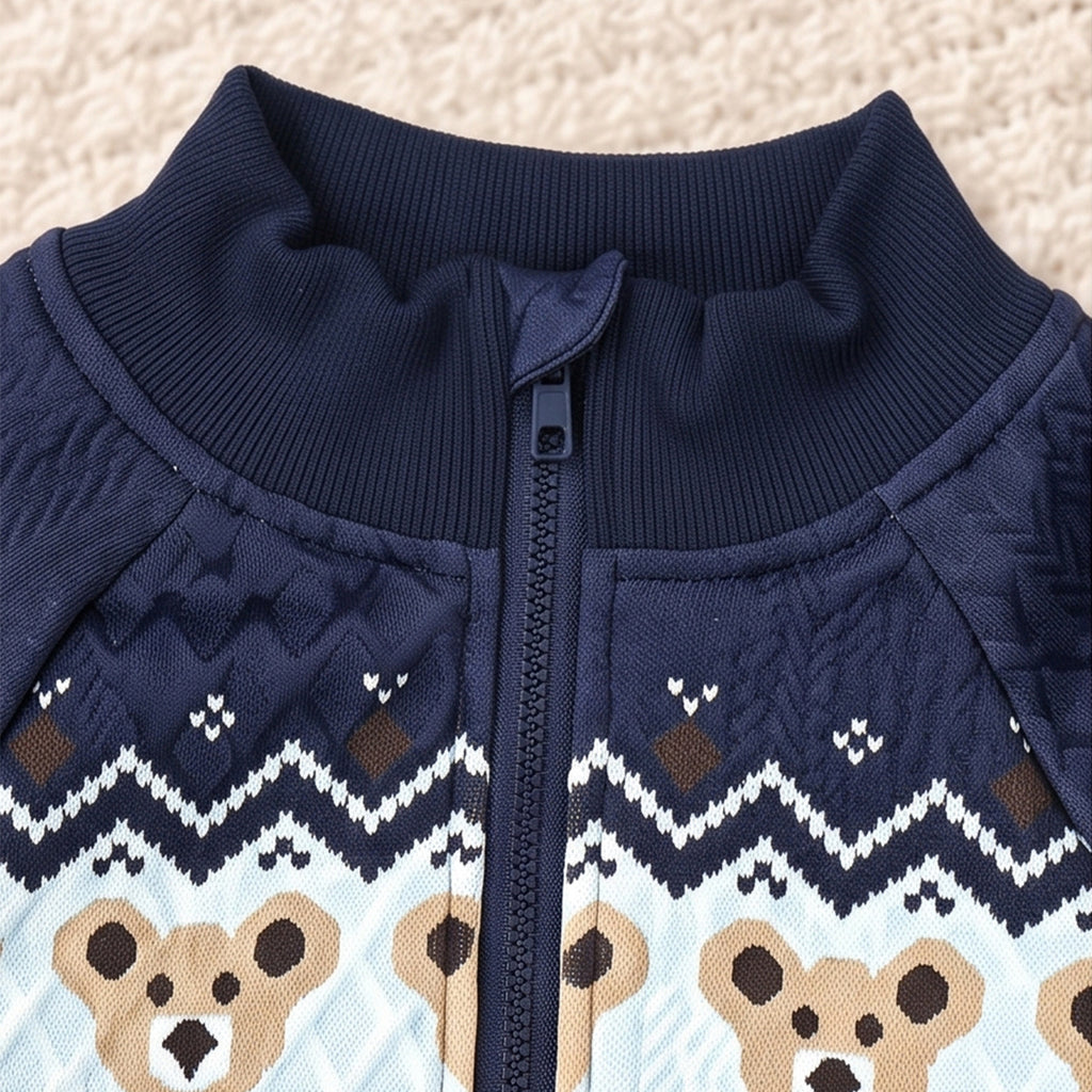 Boys' Stylish Bear Stand-Up Collar Zip-Up Shirt Set with Jeans Two-Piece Set