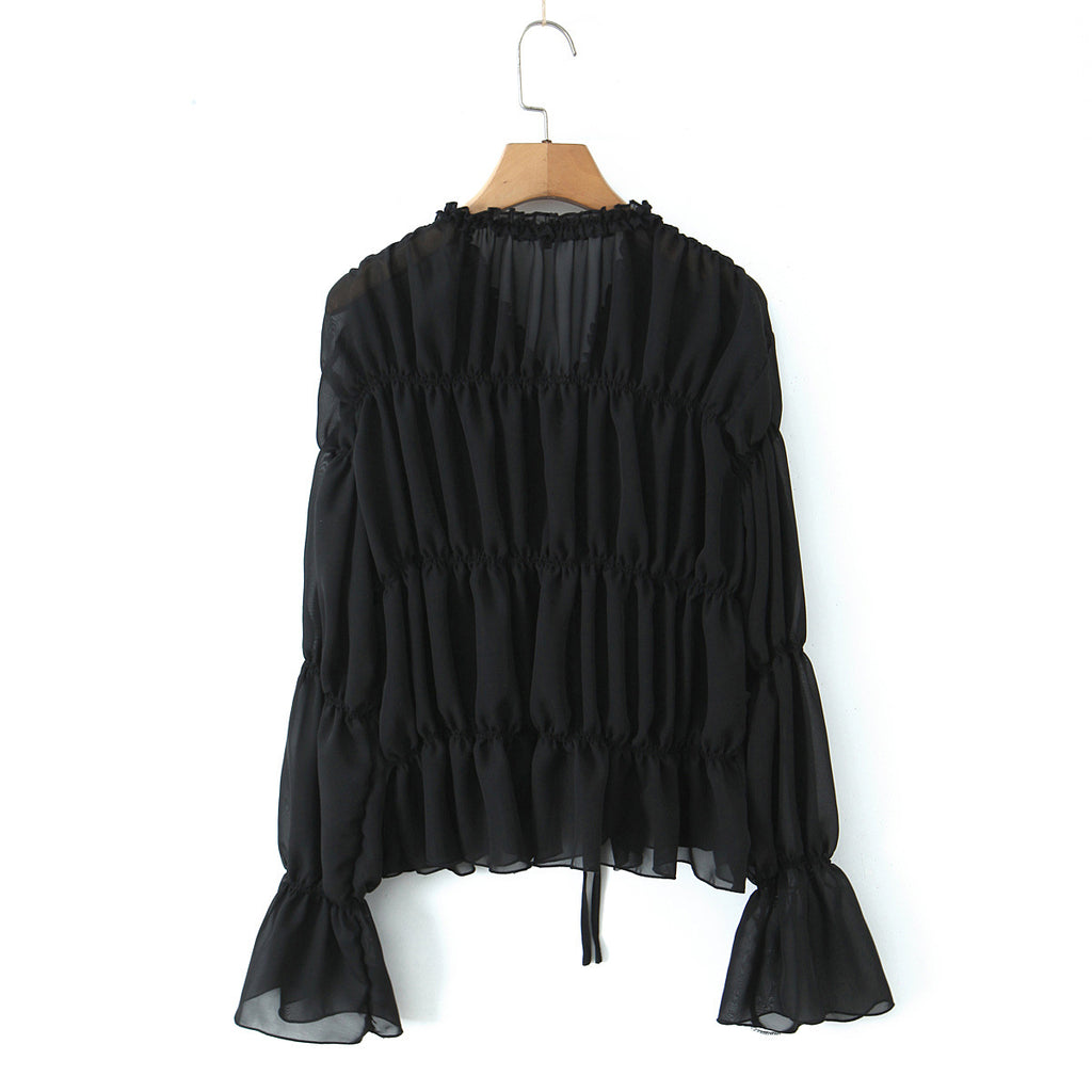 V-neck pleated strap long sleeved top