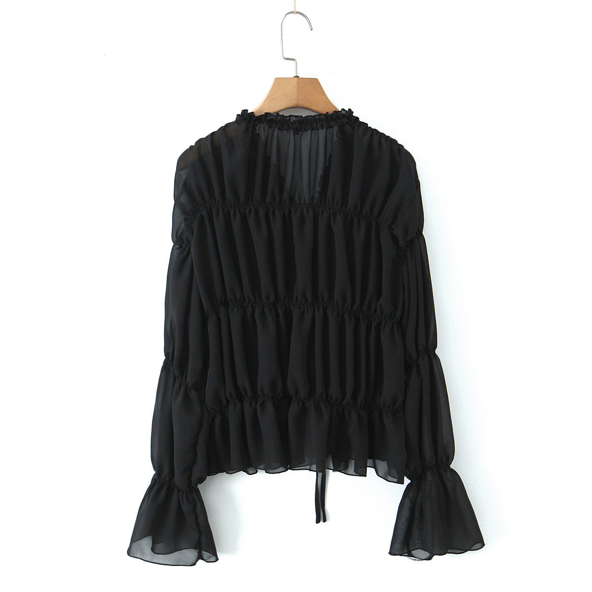 V-neck pleated strap long sleeved top