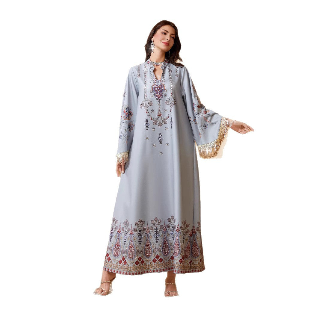 V-neck printed tassel dress