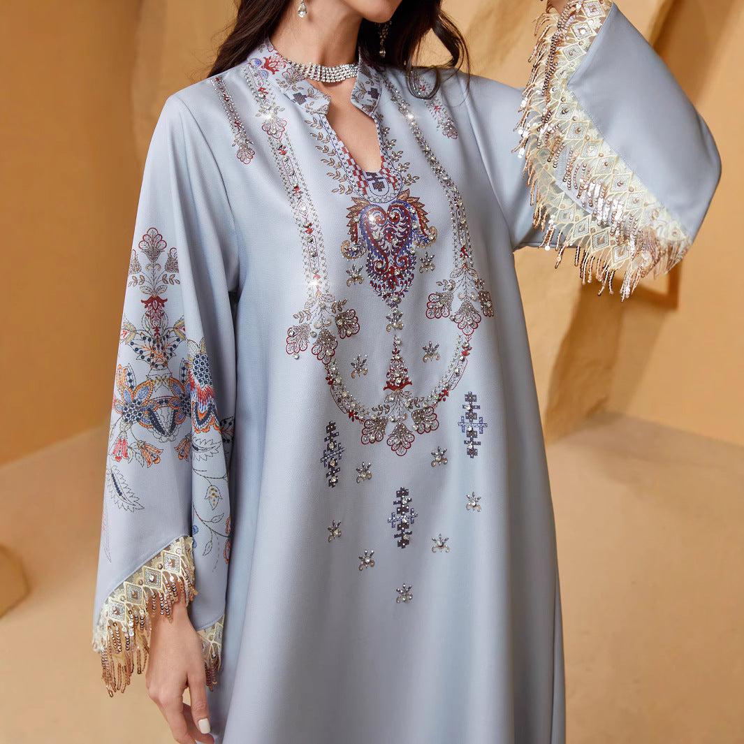 V-neck printed tassel dress
