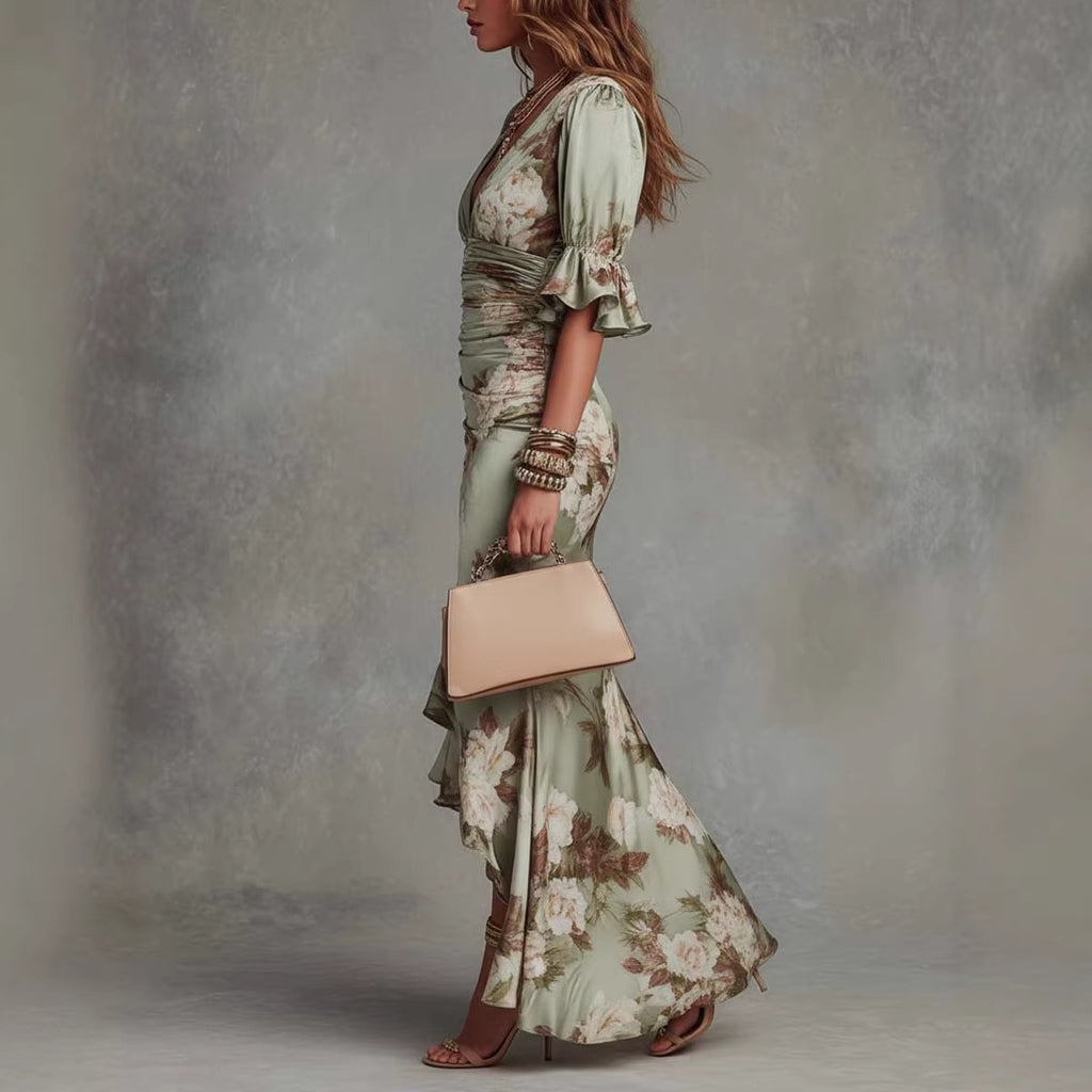Elegant Long Dress with V-Neck, Fitted Silhouette, Floral Print and Ruffle Hem eprolo