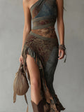Retro Patchwork Printed Asymmetric Long Dress Slim Fit High Slit Dress eprolo