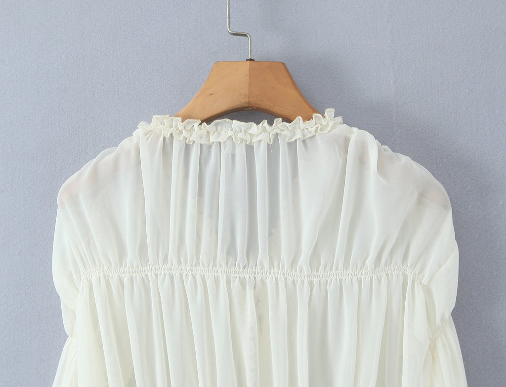V-neck pleated strap long sleeved top