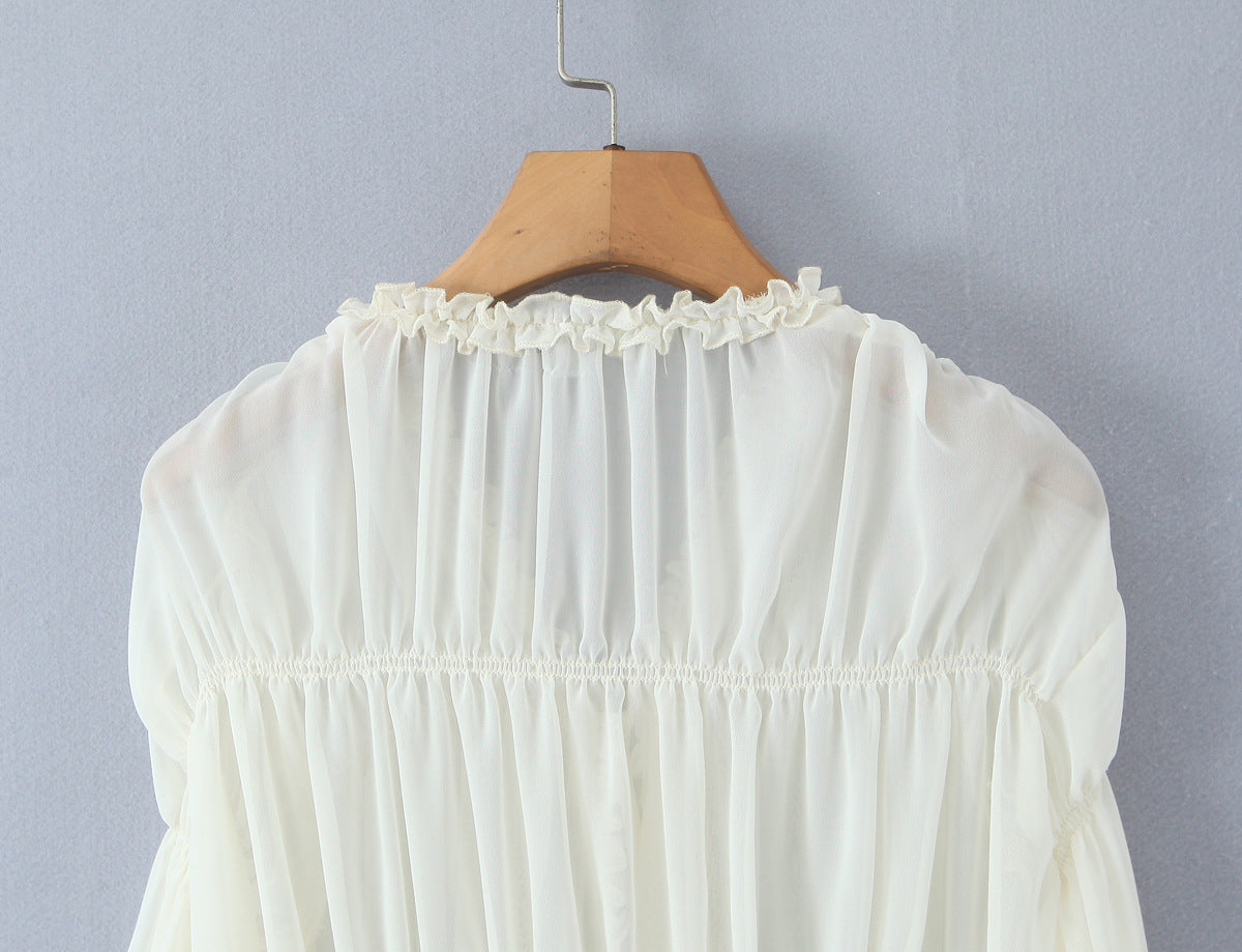 V-neck pleated strap long sleeved top