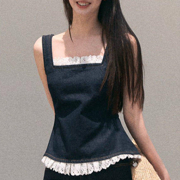 Bohemian Lace Denim Strap Wide-Leg Pants Set Sun-Kissed Look