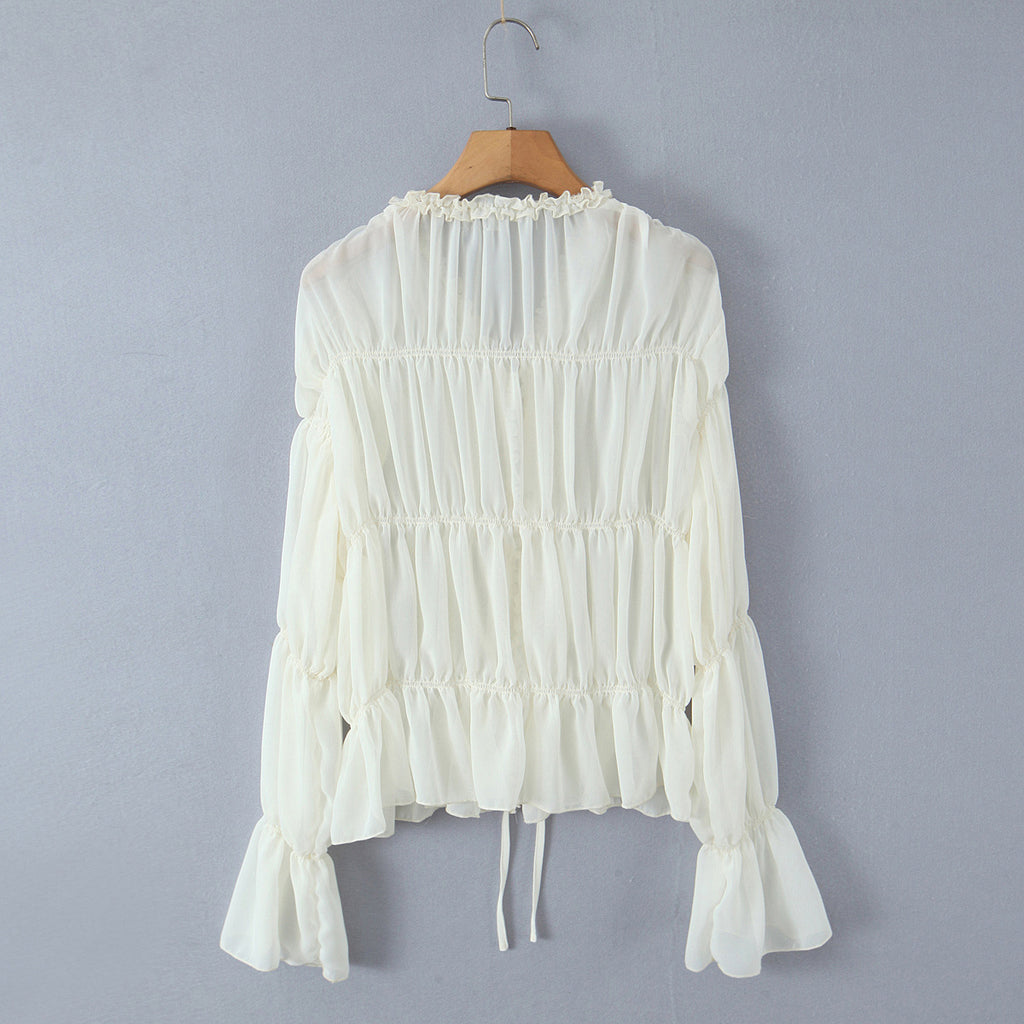 V-neck pleated strap long sleeved top