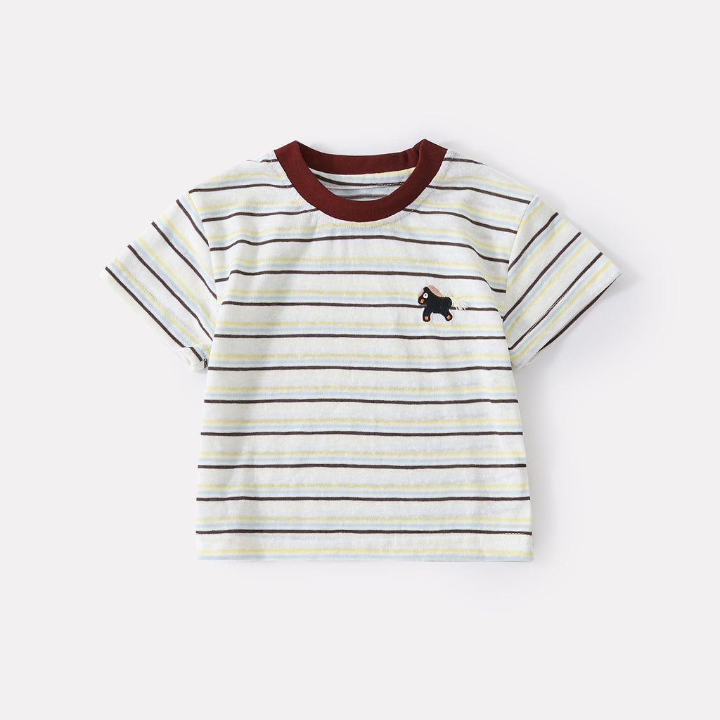 Color-Blocked Collar Striped Short Sleeve Top and Lightweight Simple Denim Shorts Two-Piece Set