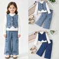 Fashionable  Girls' Denim Set Long Sleeve Bodysuit Denim Vest Wide Leg Pants Three-Piece Set