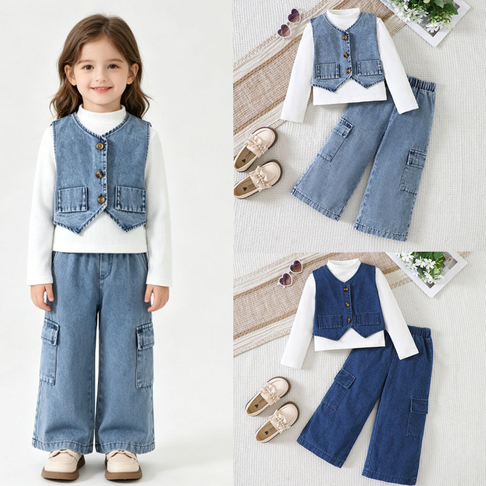 Fashionable  Girls' Denim Set Long Sleeve Bodysuit Denim Vest Wide Leg Pants Three-Piece Set