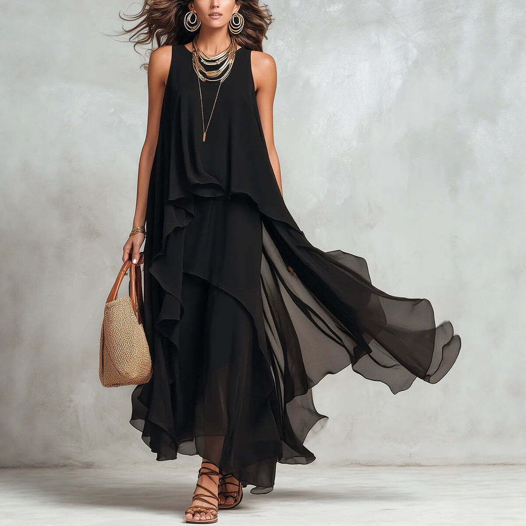 Chic Flowy Black Sleeveless Asymmetrical Chiffon Long Dress eprolo