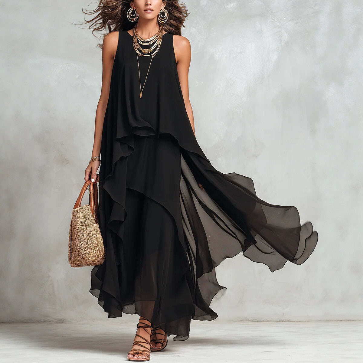 Chic Flowy Black Sleeveless Asymmetrical Chiffon Long Dress eprolo