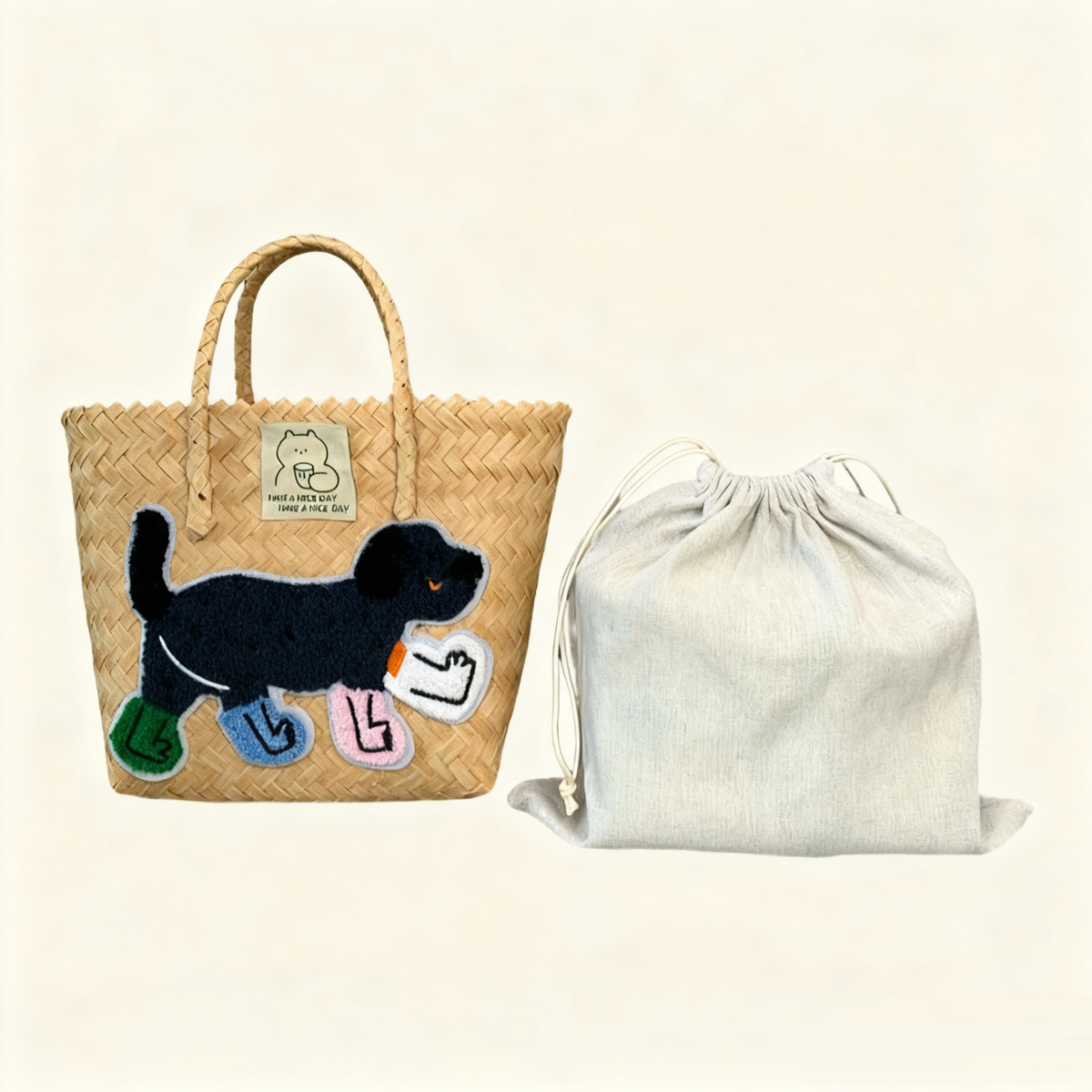 Large capacity sausage dog hand woven cabbage basket rattan woven handbag office miscellaneous carry bag picnic women's bag