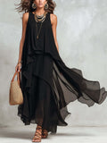 Chic Flowy Black Sleeveless Asymmetrical Chiffon Long Dress eprolo