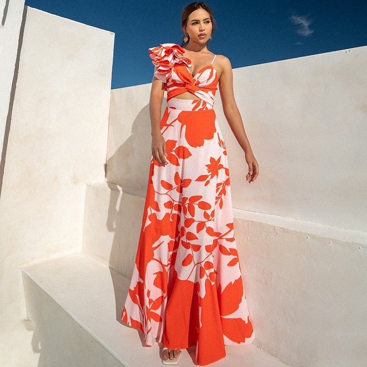 One-Shoulder Ruffle Cut-Out Printed One-Piece Swimsuit with Skirt for Women eprolo