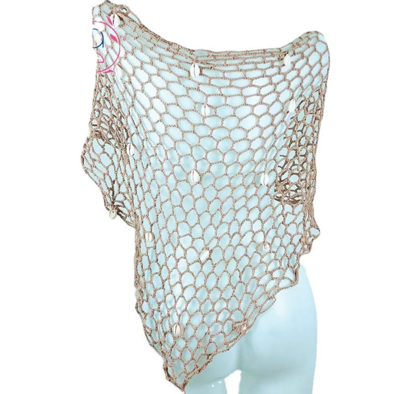 Long Beach Cover-Up Bikini Top for Women, Sexy Swimwear, Hollow-Out Mesh Beach Shawl, Island Style Swim Dress