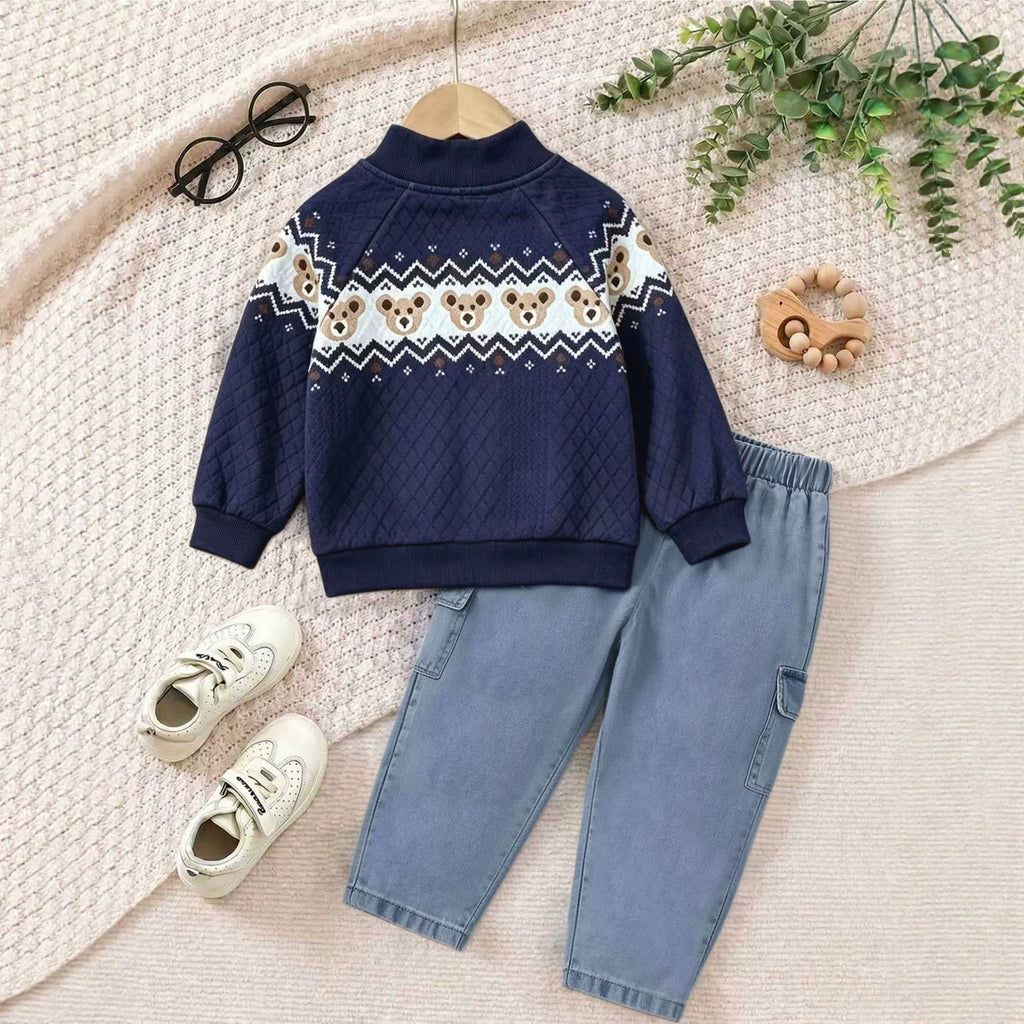 Boys' Stylish Bear Stand-Up Collar Zip-Up Shirt Set with Jeans Two-Piece Set