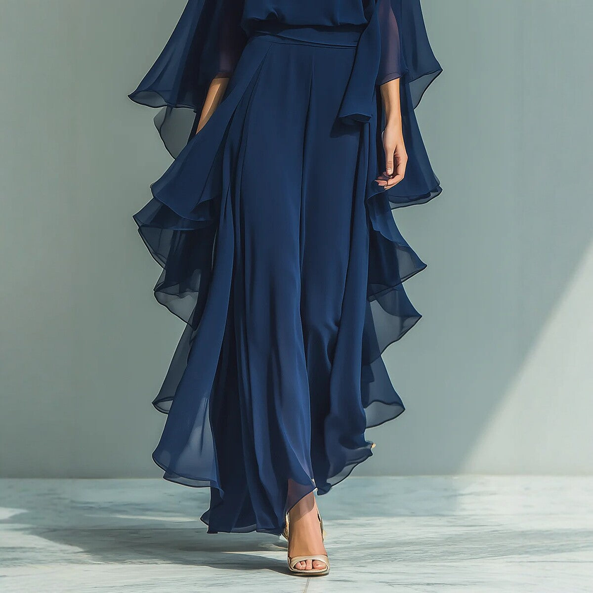 Deep Blue Ruffle Wide-Leg Pants Set for Women, Fashion Elegant Two-Piece Long Sleeve Casual Pants eprolo