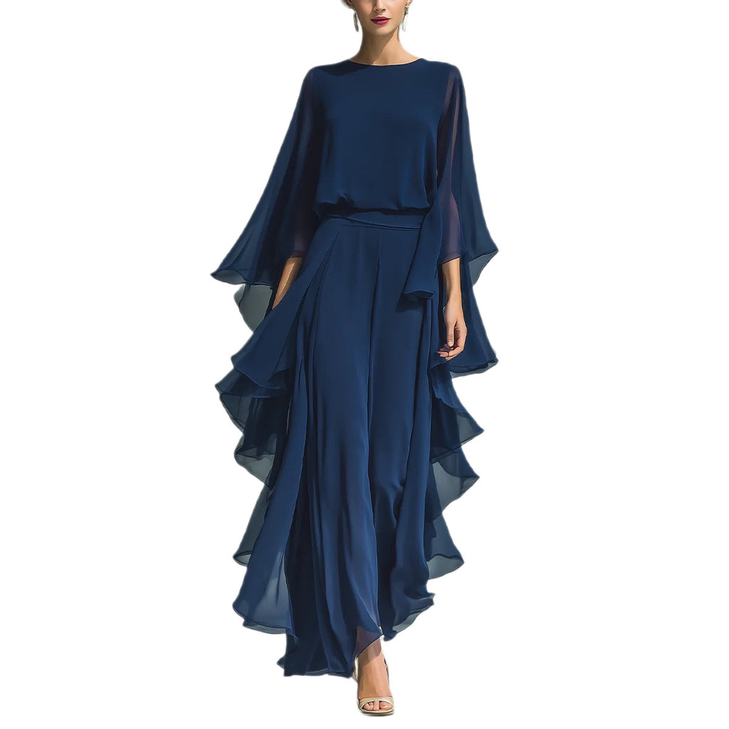 Deep Blue Ruffle Wide-Leg Pants Set for Women, Fashion Elegant Two-Piece Long Sleeve Casual Pants eprolo