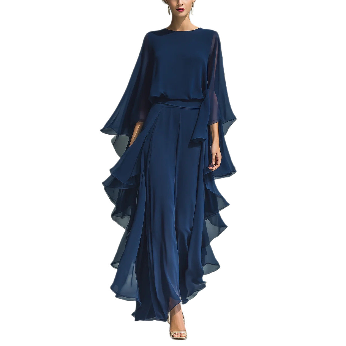 Deep Blue Ruffle Wide-Leg Pants Set for Women, Fashion Elegant Two-Piece Long Sleeve Casual Pants eprolo