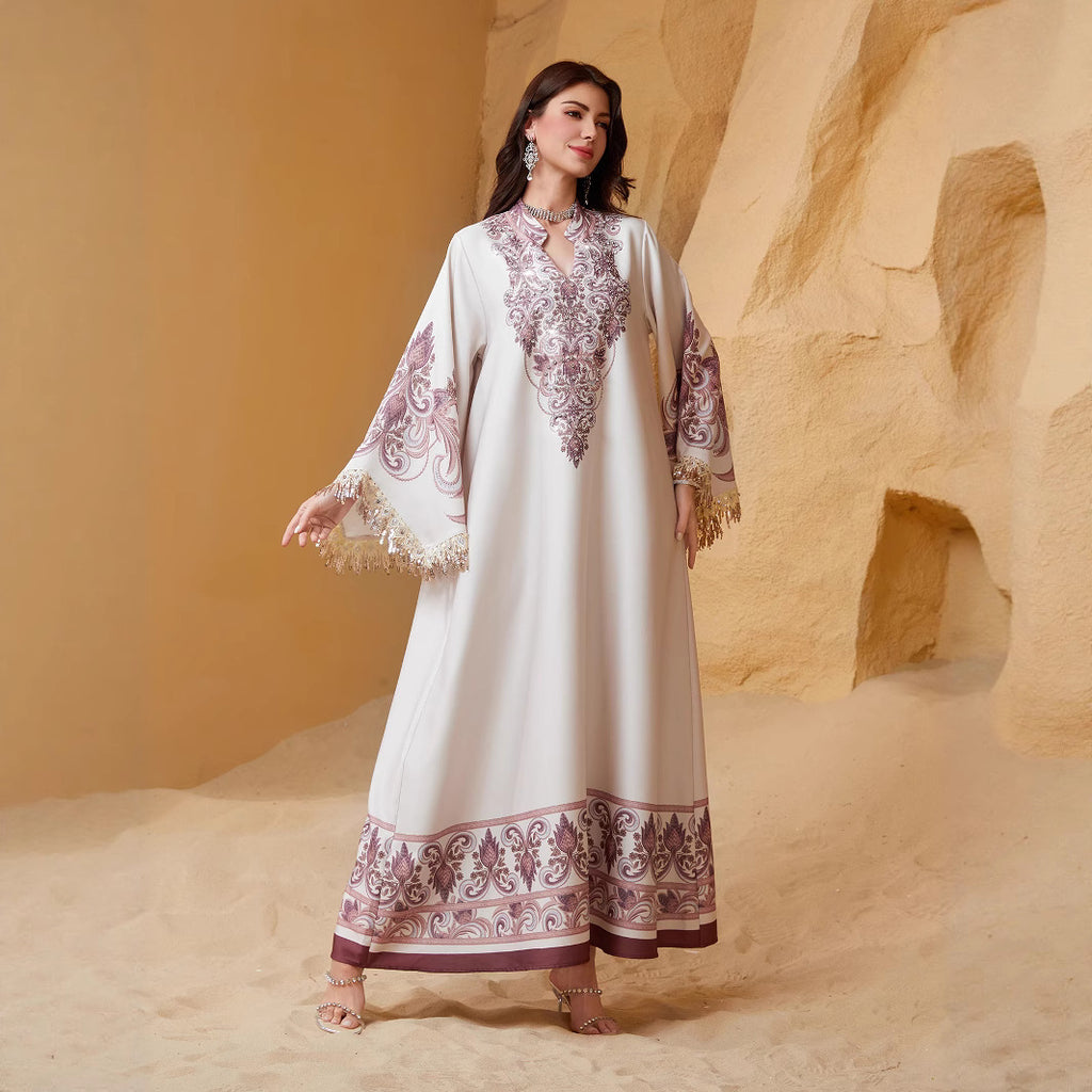 Long sleeved tassel printed women's dress