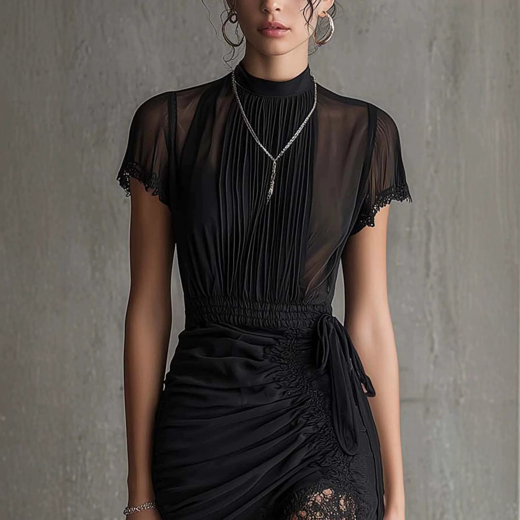 New European black see through lace patchwork dress, slim and tall, slit skirt with lace eprolo