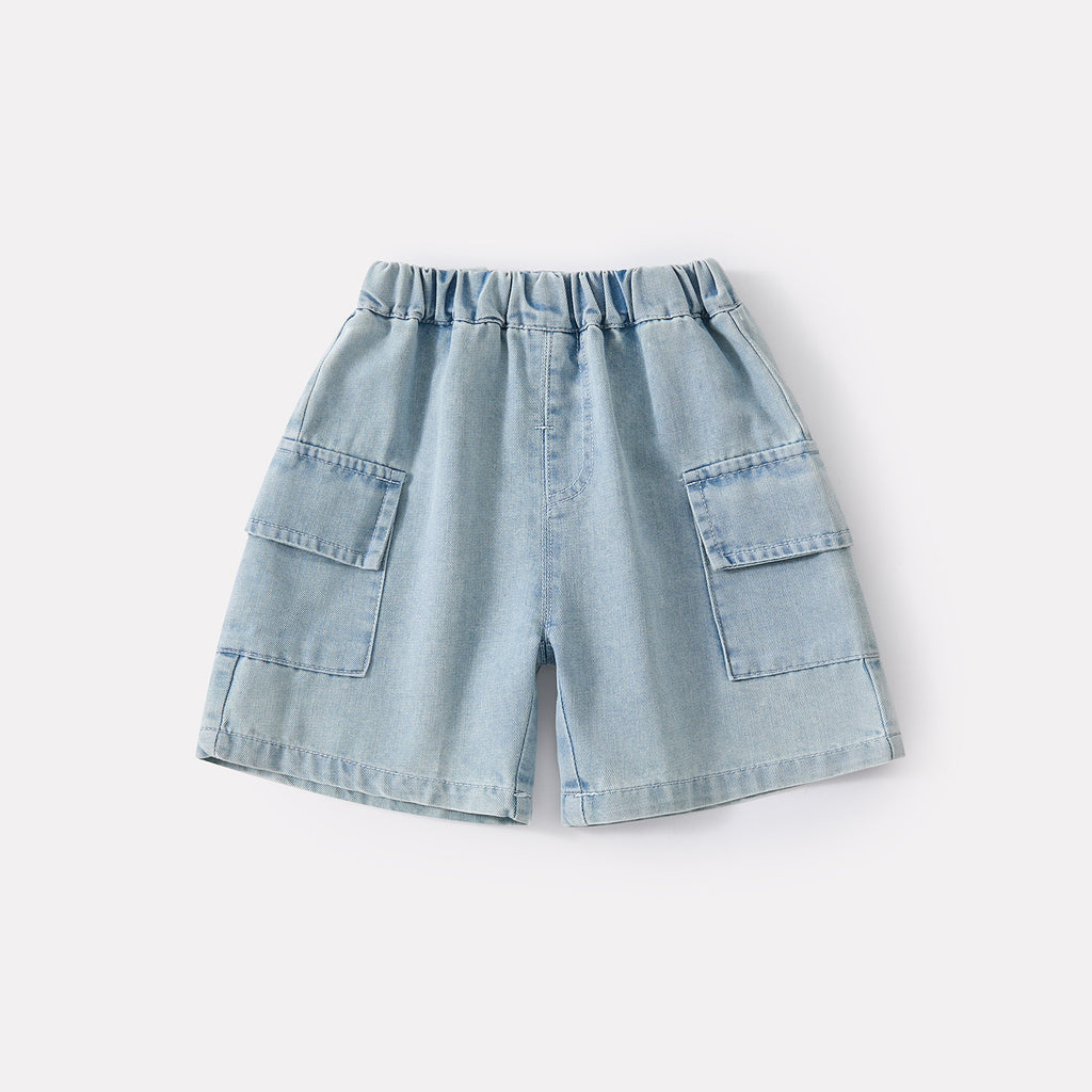 Color-Blocked Collar Striped Short Sleeve Top and Lightweight Simple Denim Shorts Two-Piece Set
