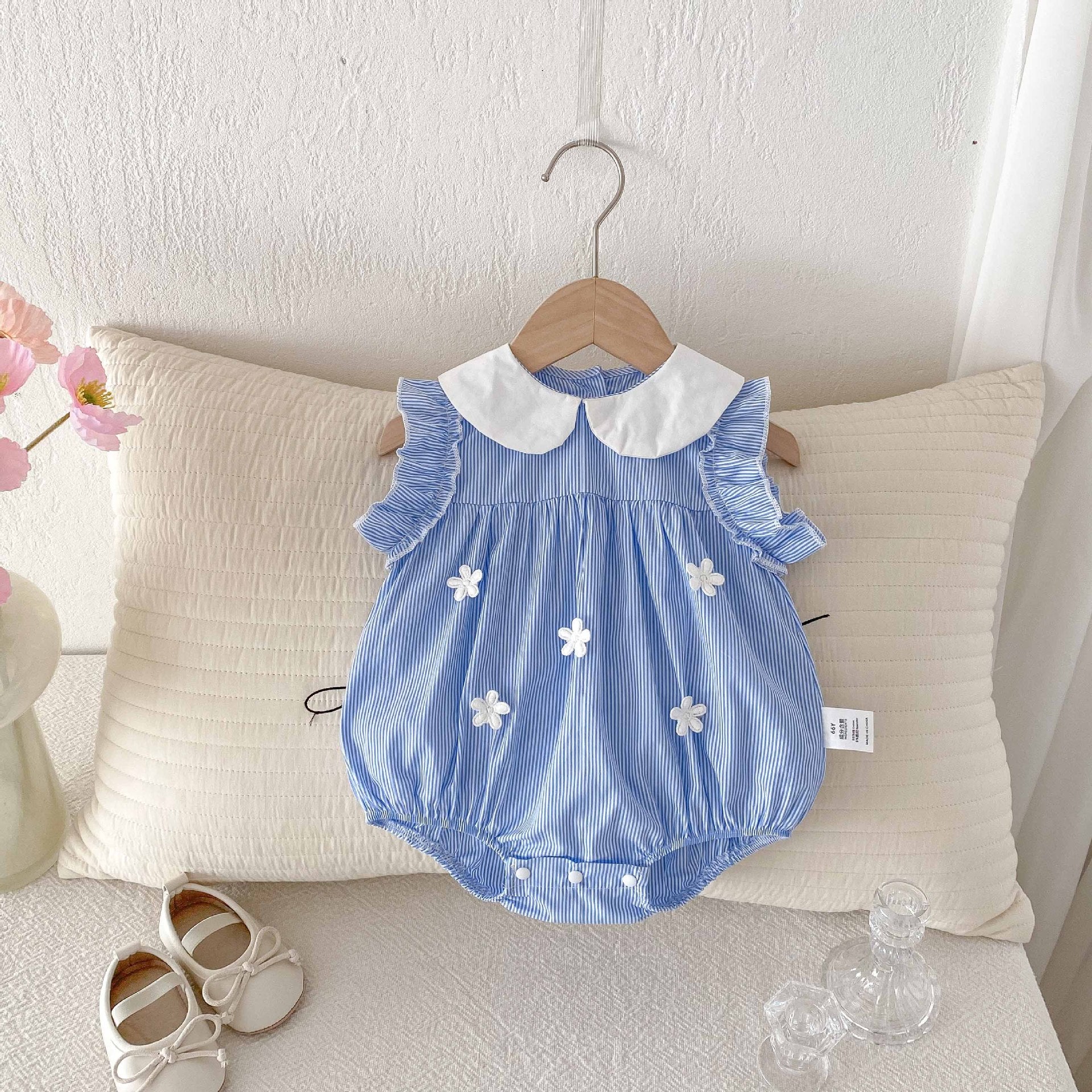 Cotton A-Class Sleeveless Blue and White Striped Fresh Baby Romper for Girls, Sweet Turn-Down Collar Bodysuit Summer Clothing eprolo