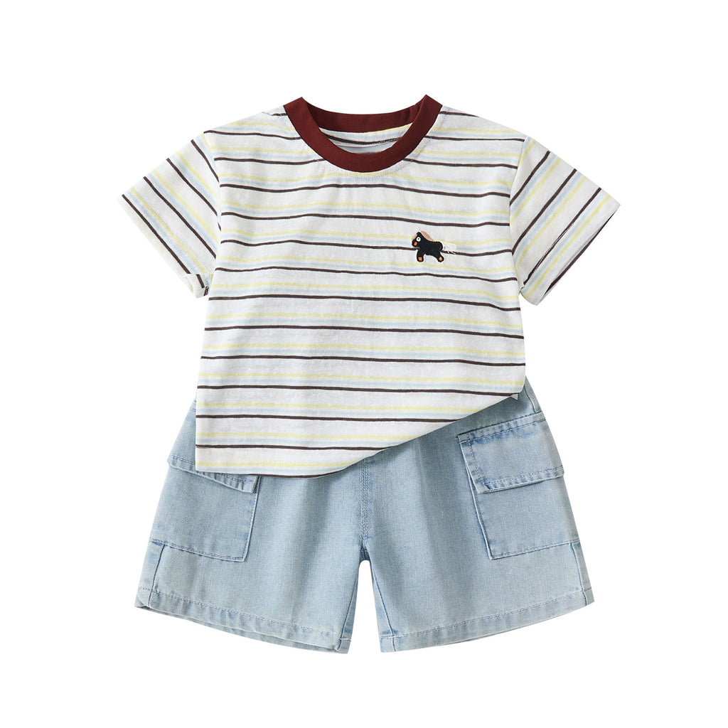 Color-Blocked Collar Striped Short Sleeve Top and Lightweight Simple Denim Shorts Two-Piece Set