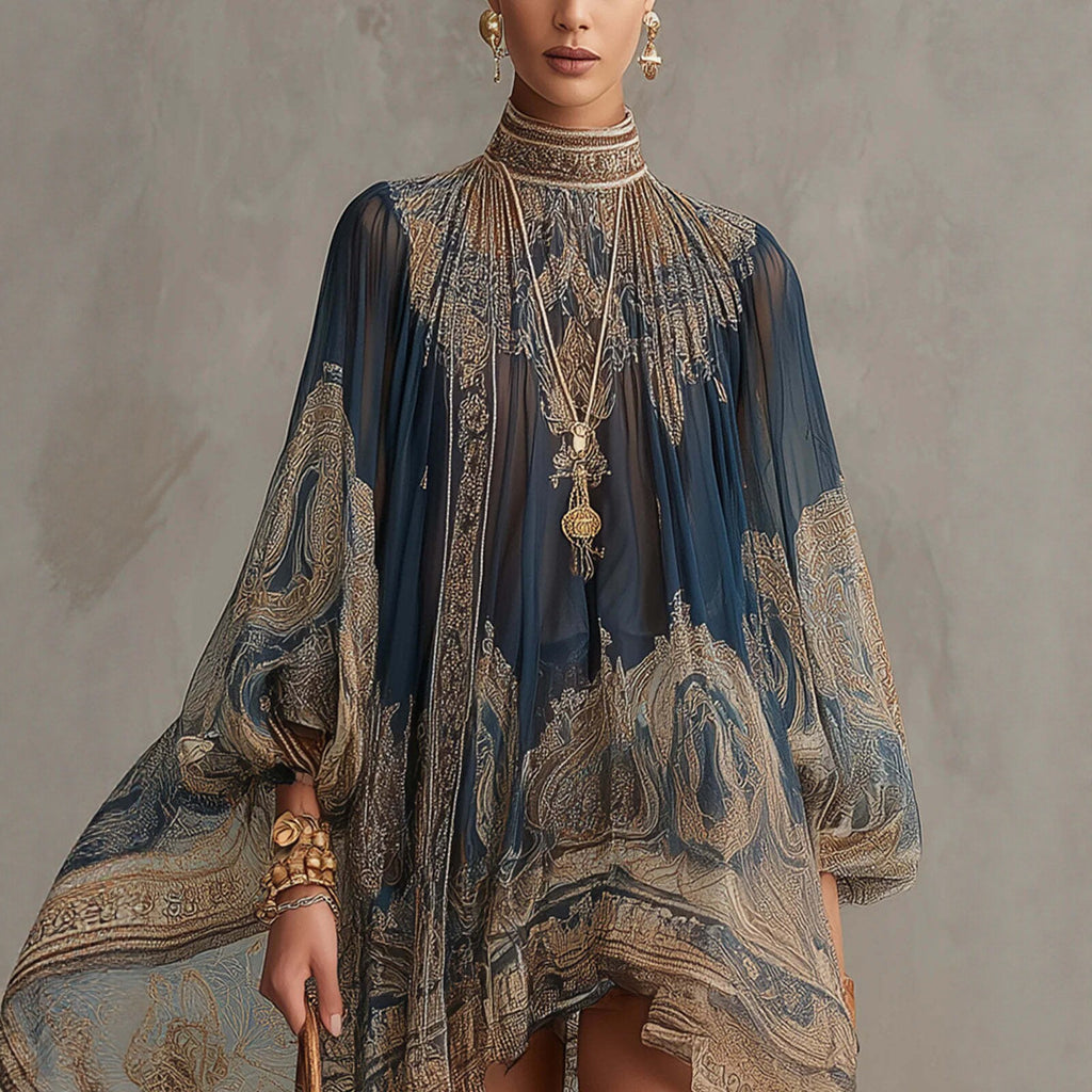 Printed Long Sleeve High Neck Loose Dress eprolo