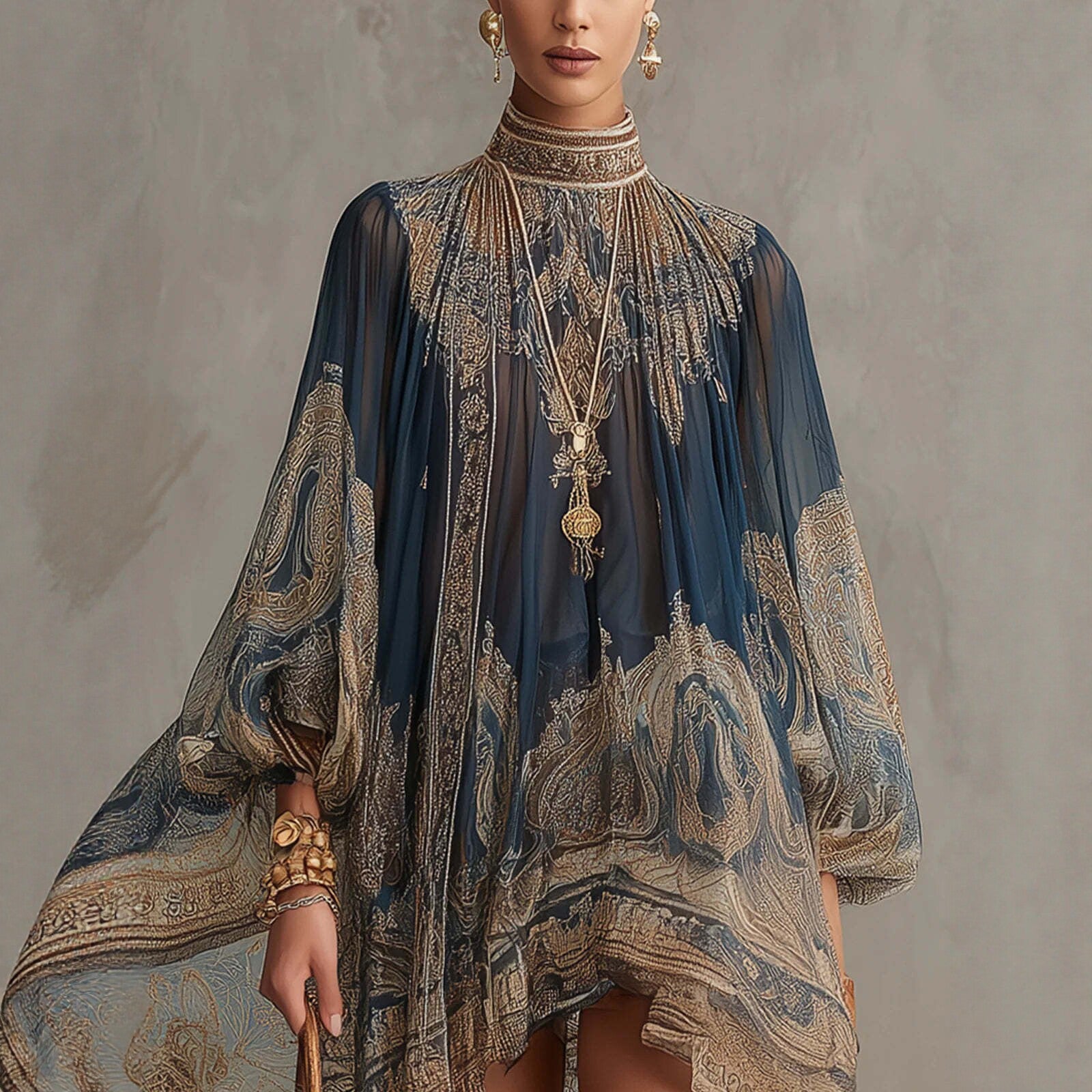 Printed Long Sleeve High Neck Loose Dress eprolo