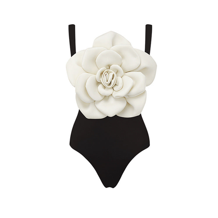 Black and White 3D Large Floral Sleeveless One-Piece Bodycon Swimwear for Women eprolo