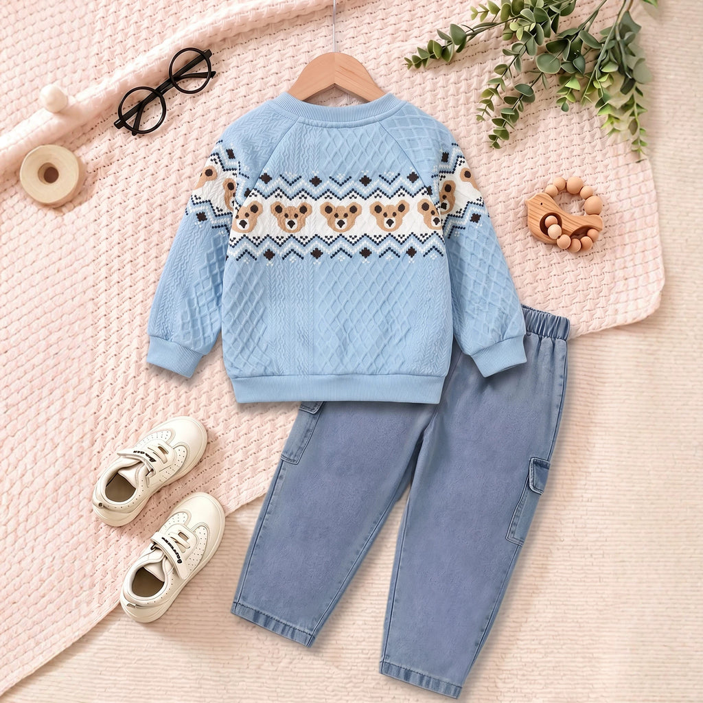 Cute Bear Round Neck Long Sleeve Hoodie and Jeans Pants Set for Boys