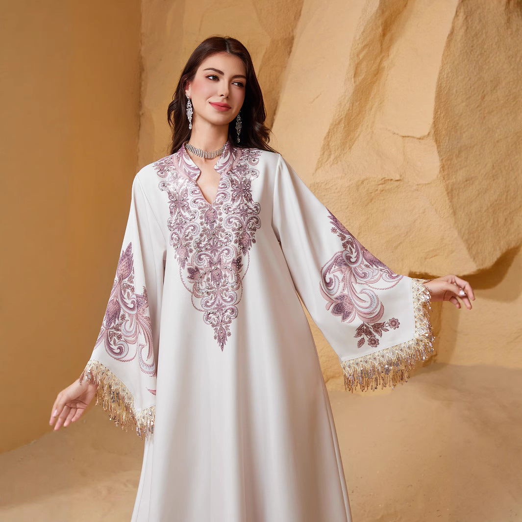 Long sleeved tassel printed women's dress