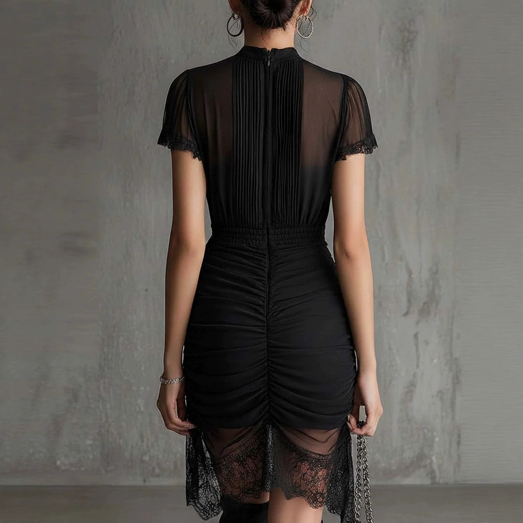 New European black see through lace patchwork dress, slim and tall, slit skirt with lace eprolo