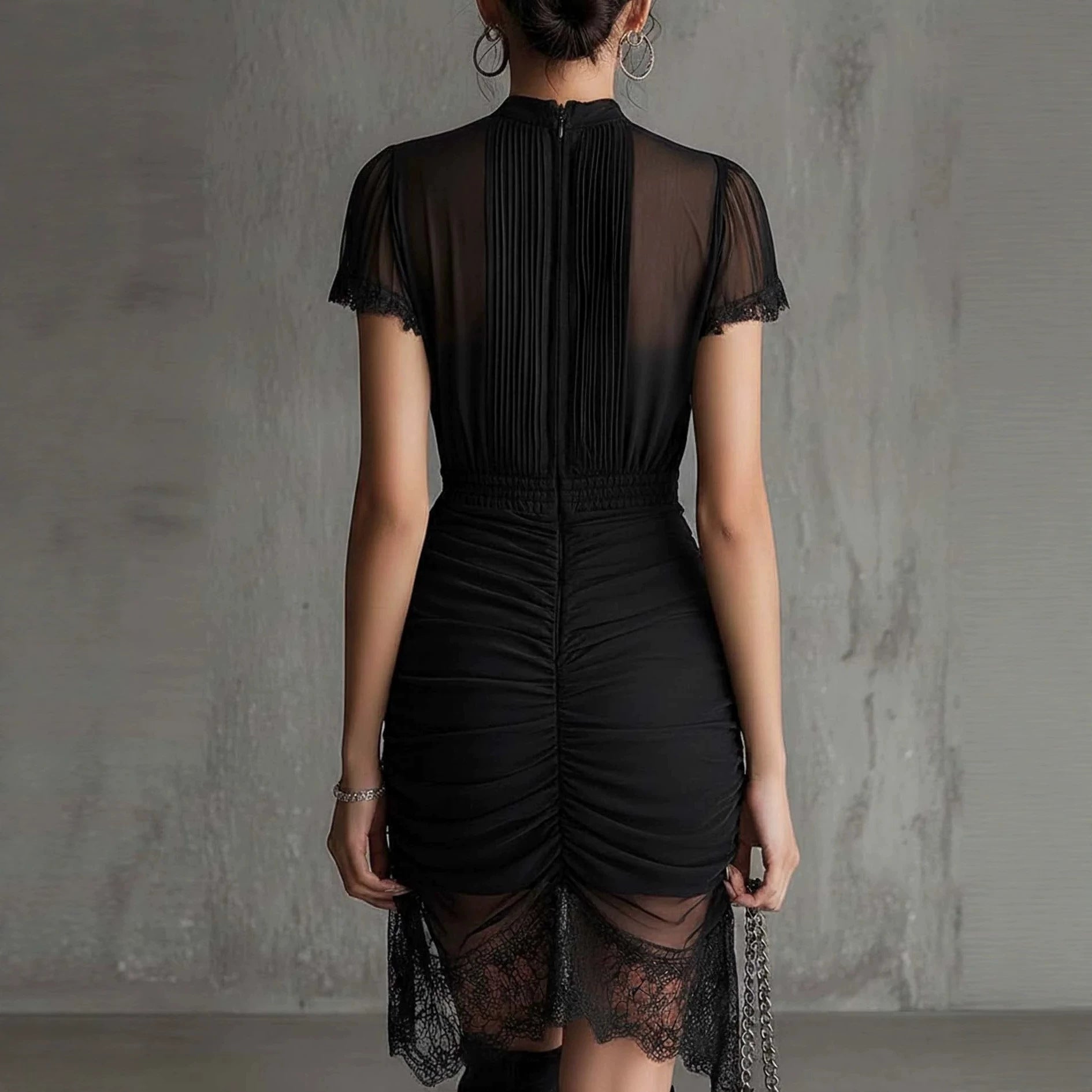 New European black see through lace patchwork dress, slim and tall, slit skirt with lace eprolo
