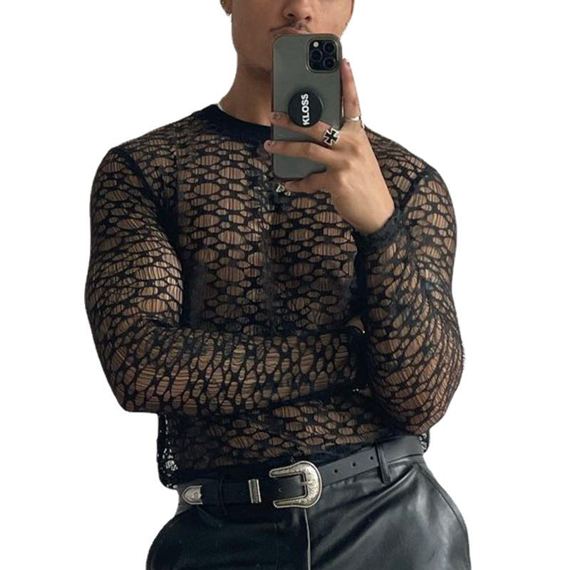 Casual Long Sleeve T-Shirt Men's Fashion Lace Hollow Out Slim Fit Semi-Transparent Black Top