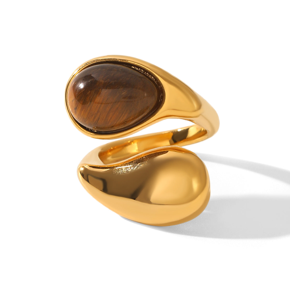 Waterdrop shaped stainless steel inlaid tiger eye stone ring