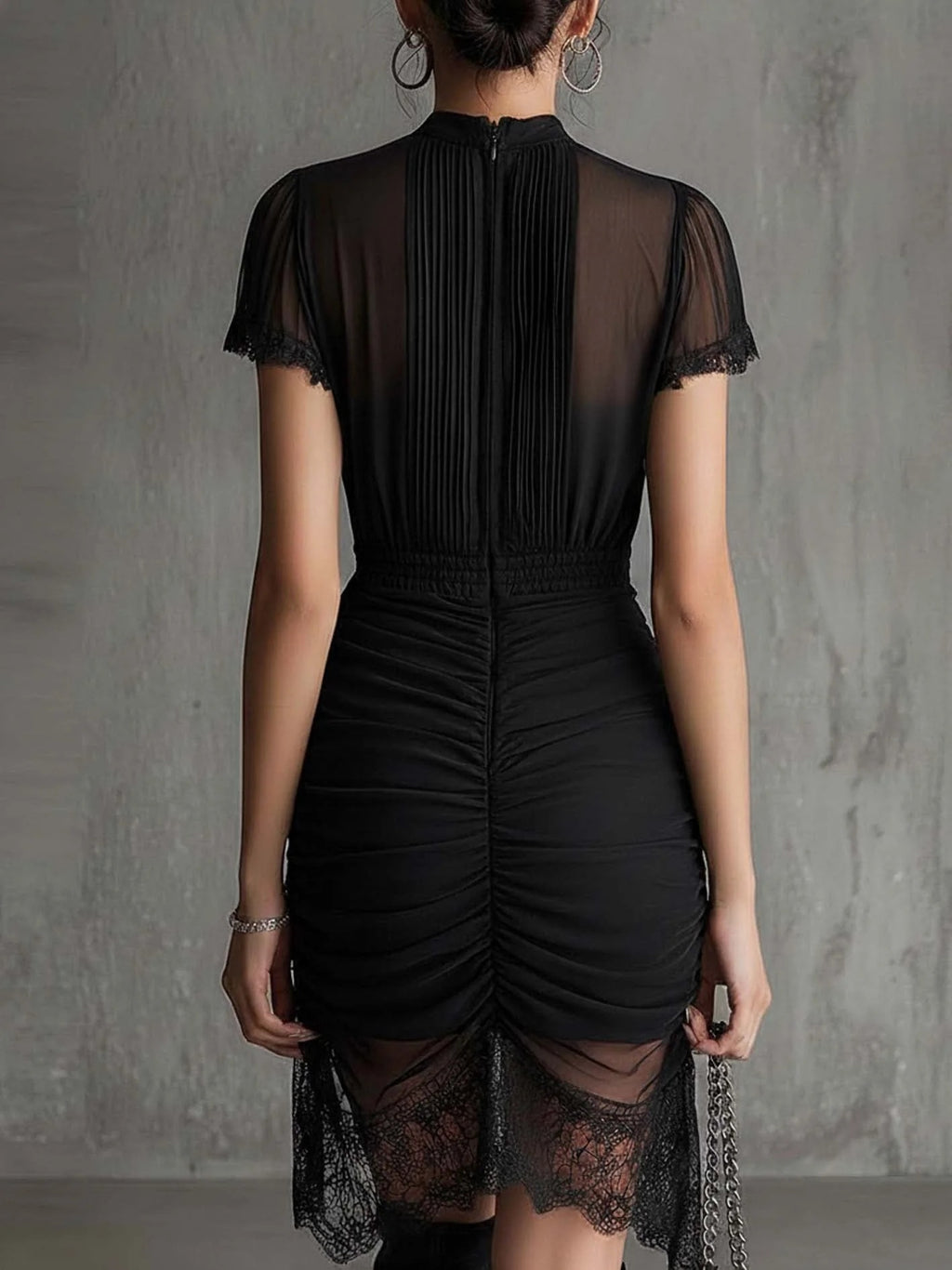 New European black see through lace patchwork dress, slim and tall, slit skirt with lace eprolo
