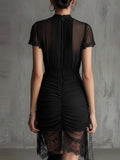 New European black see through lace patchwork dress, slim and tall, slit skirt with lace eprolo