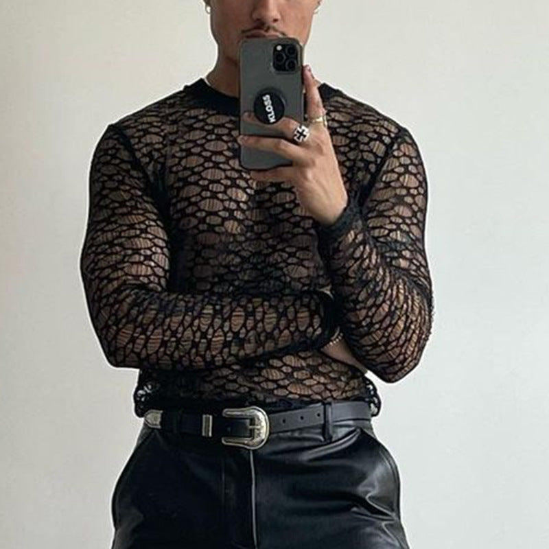 Casual Long Sleeve T-Shirt Men's Fashion Lace Hollow Out Slim Fit Semi-Transparent Black Top