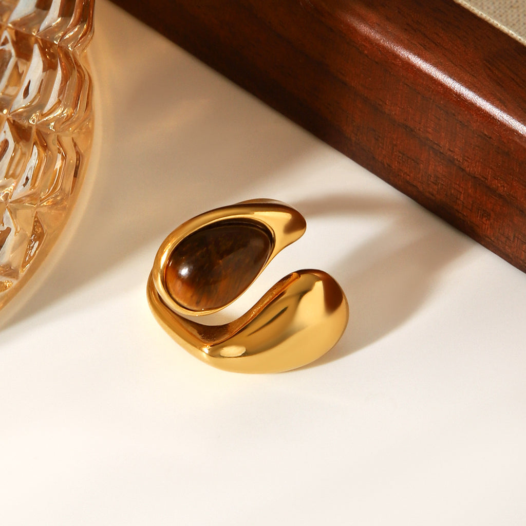 Waterdrop shaped stainless steel inlaid tiger eye stone ring
