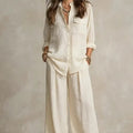 Chic Linen Set for Women, Breathable Lightweight Long Sleeve Shirt with Drapey Wide-Leg Pants, Vacation Style Casual Outfit