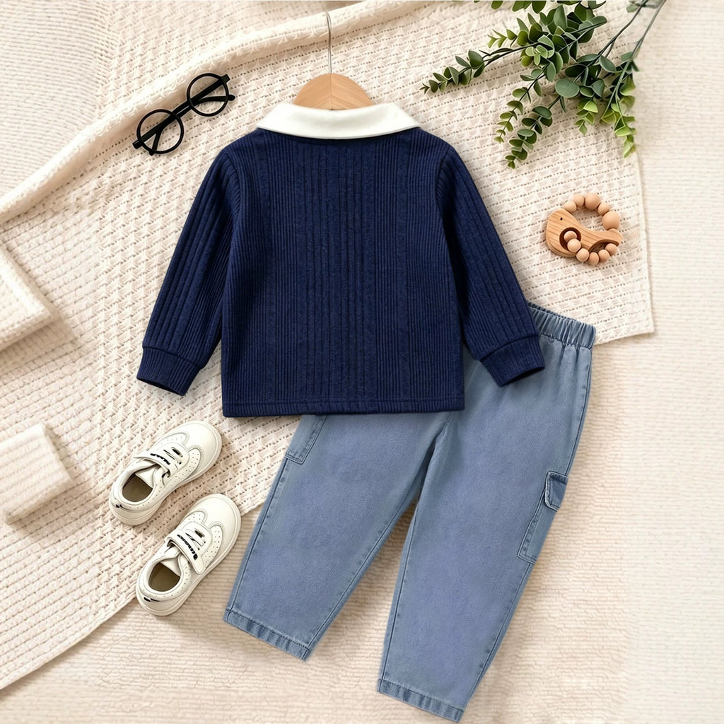 Boy's Set Polo Long Sleeve Denim Pants Two-Piece Set