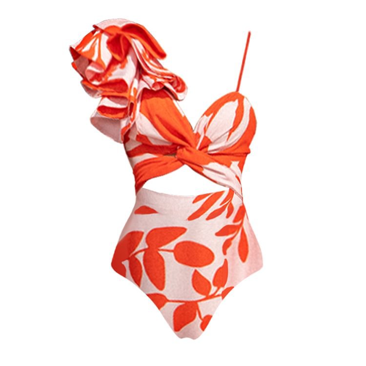 One-Shoulder Ruffle Cut-Out Printed One-Piece Swimsuit with Skirt for Women eprolo