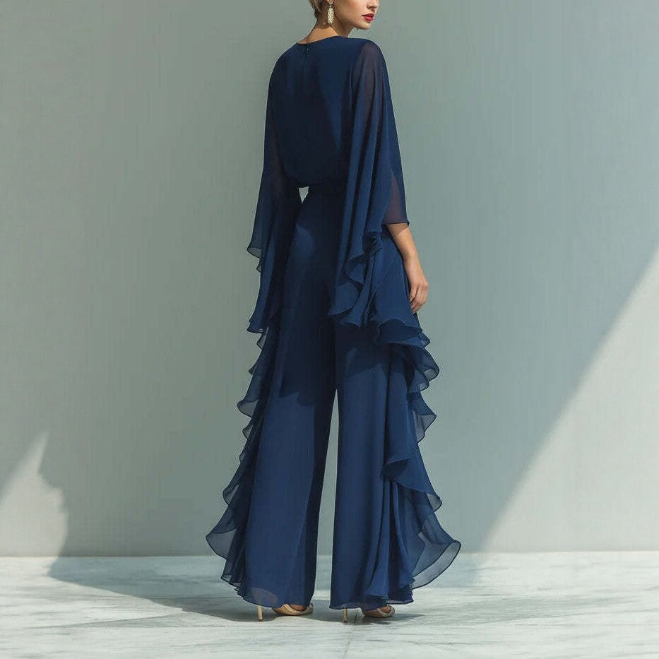 Deep Blue Ruffle Wide-Leg Pants Set for Women, Fashion Elegant Two-Piece Long Sleeve Casual Pants eprolo