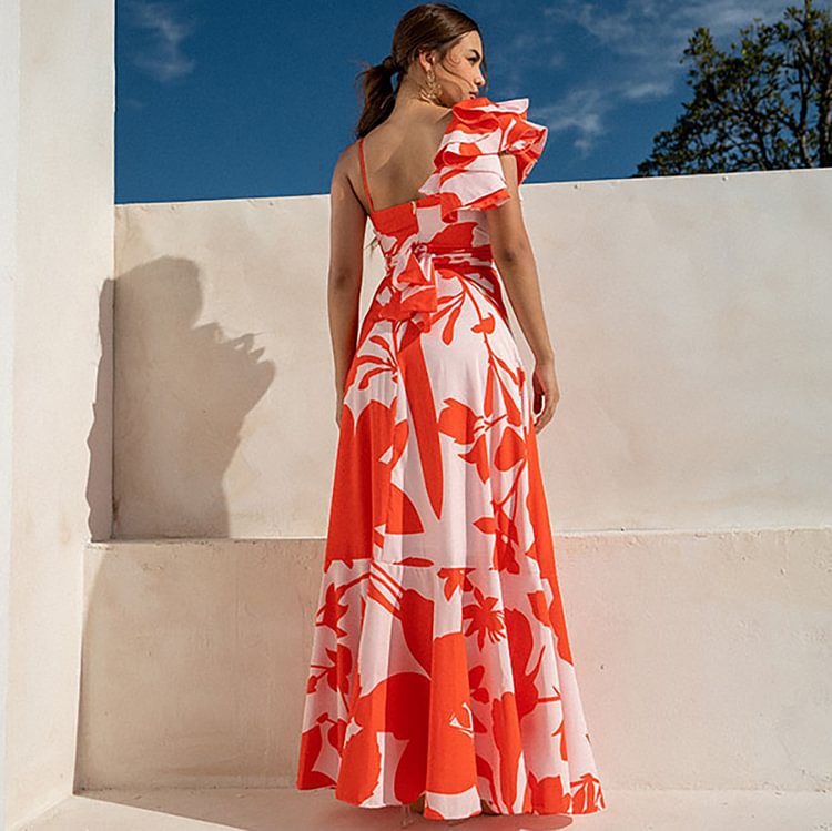 One-Shoulder Ruffle Cut-Out Printed One-Piece Swimsuit with Skirt for Women eprolo
