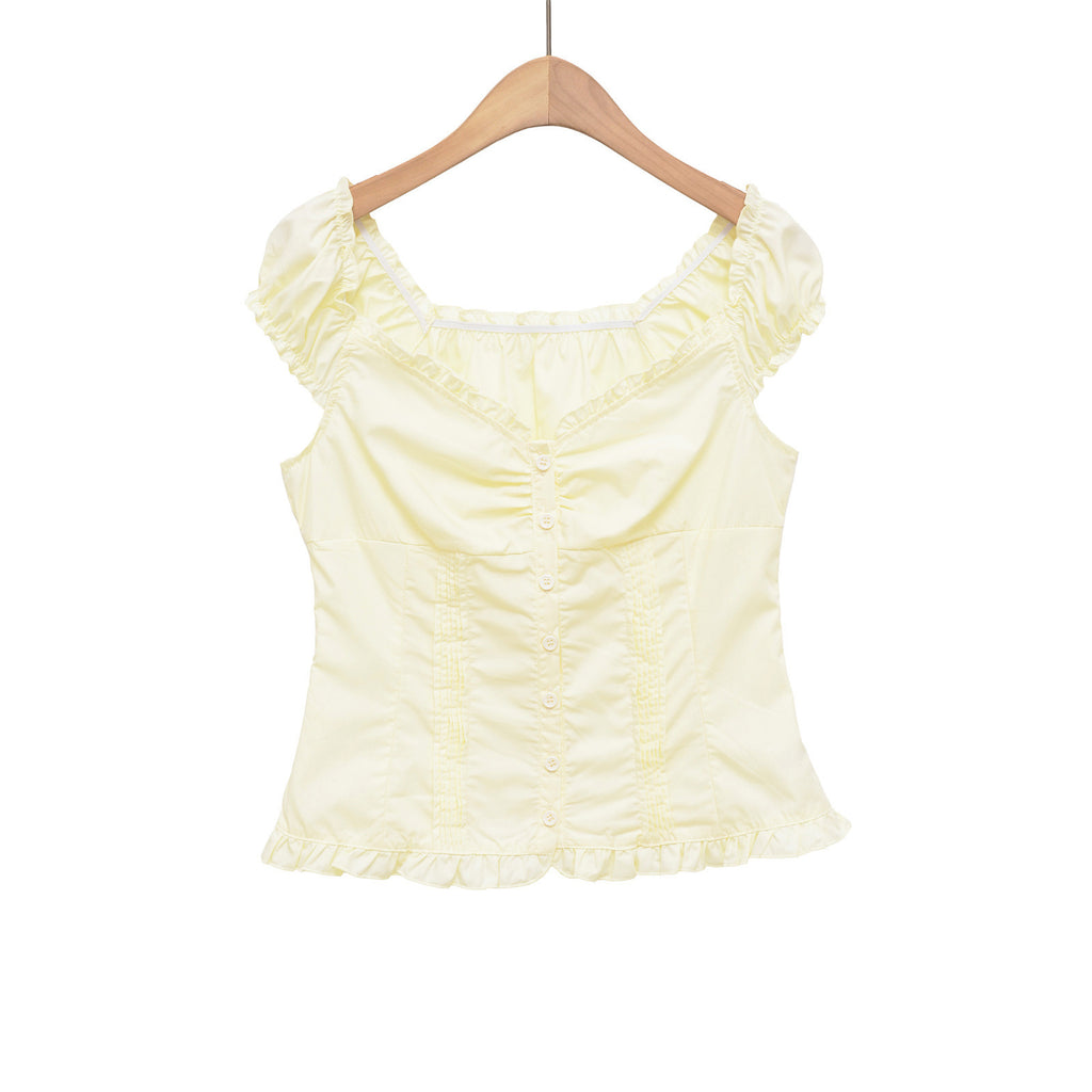 Solid Color Short Sleeve Button-Up Collar Women's Top