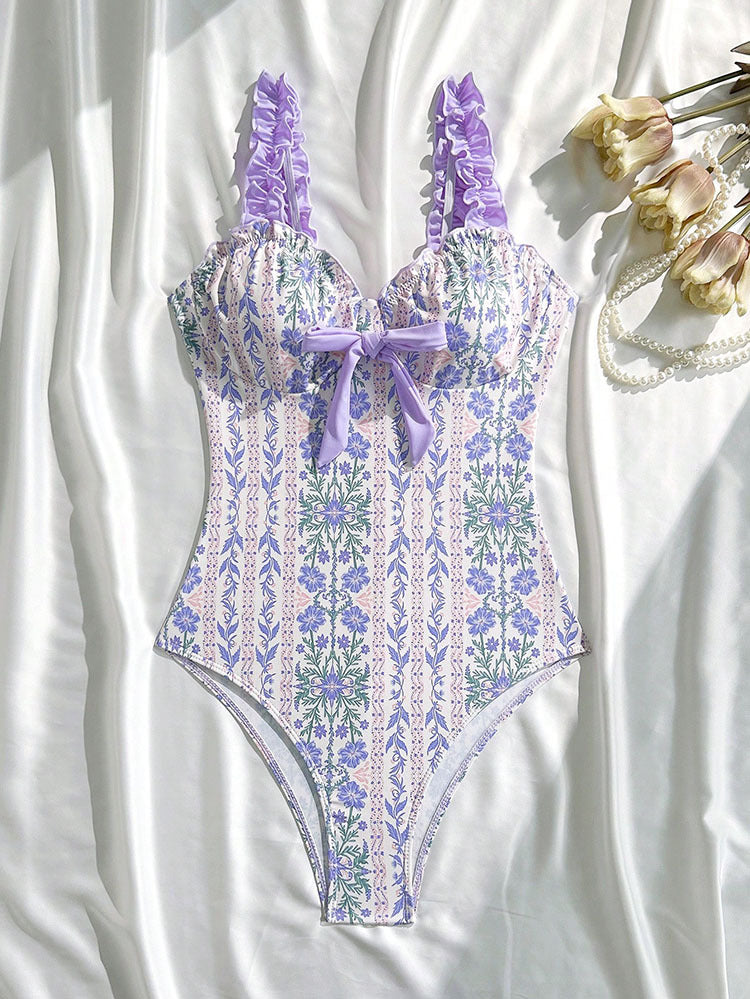 Floral Print Ruffled One-Piece Swimsuit with Tie-Back